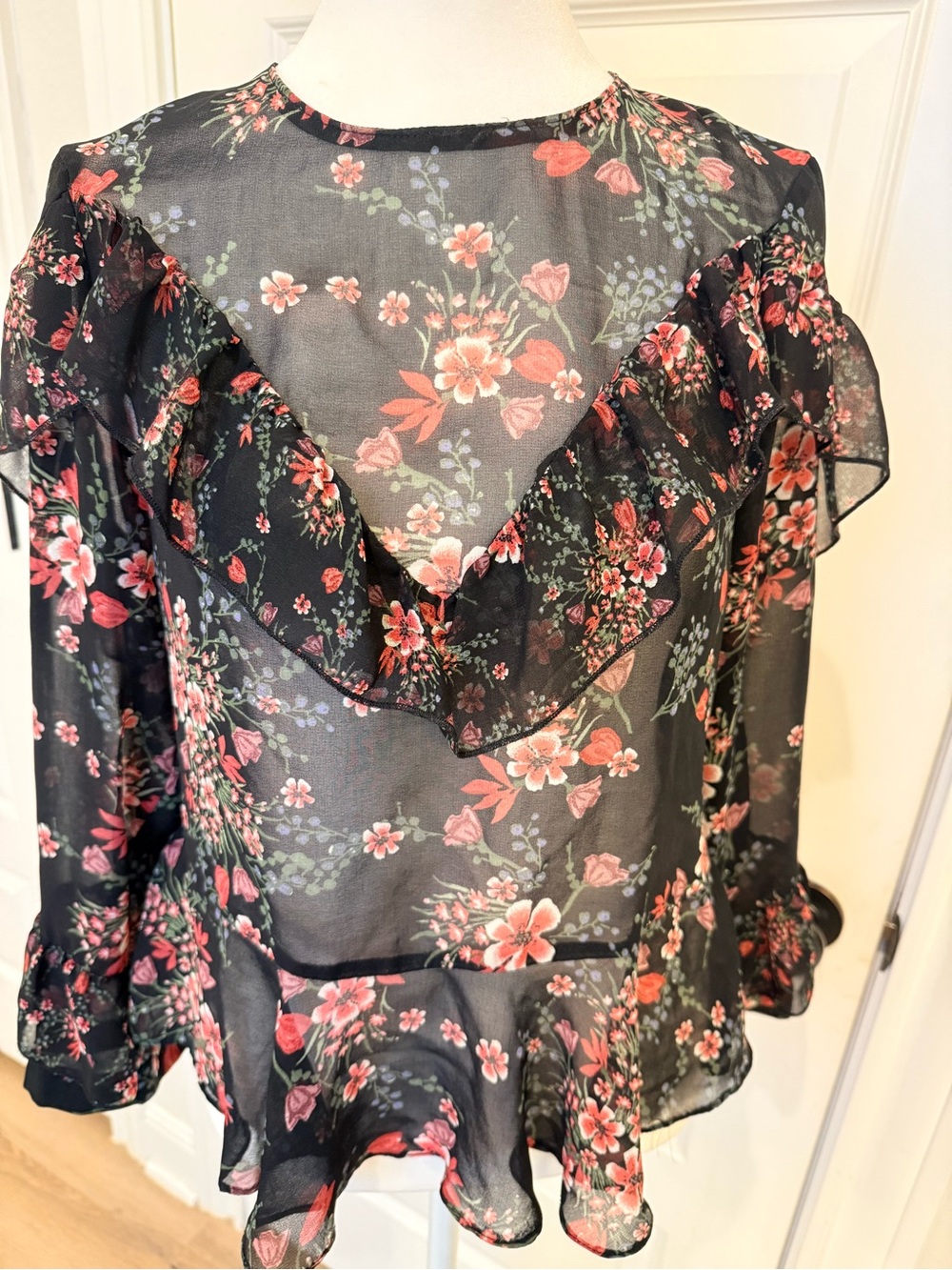 Zara Black Sheer Floral Ruffle Blouse - Women's Top